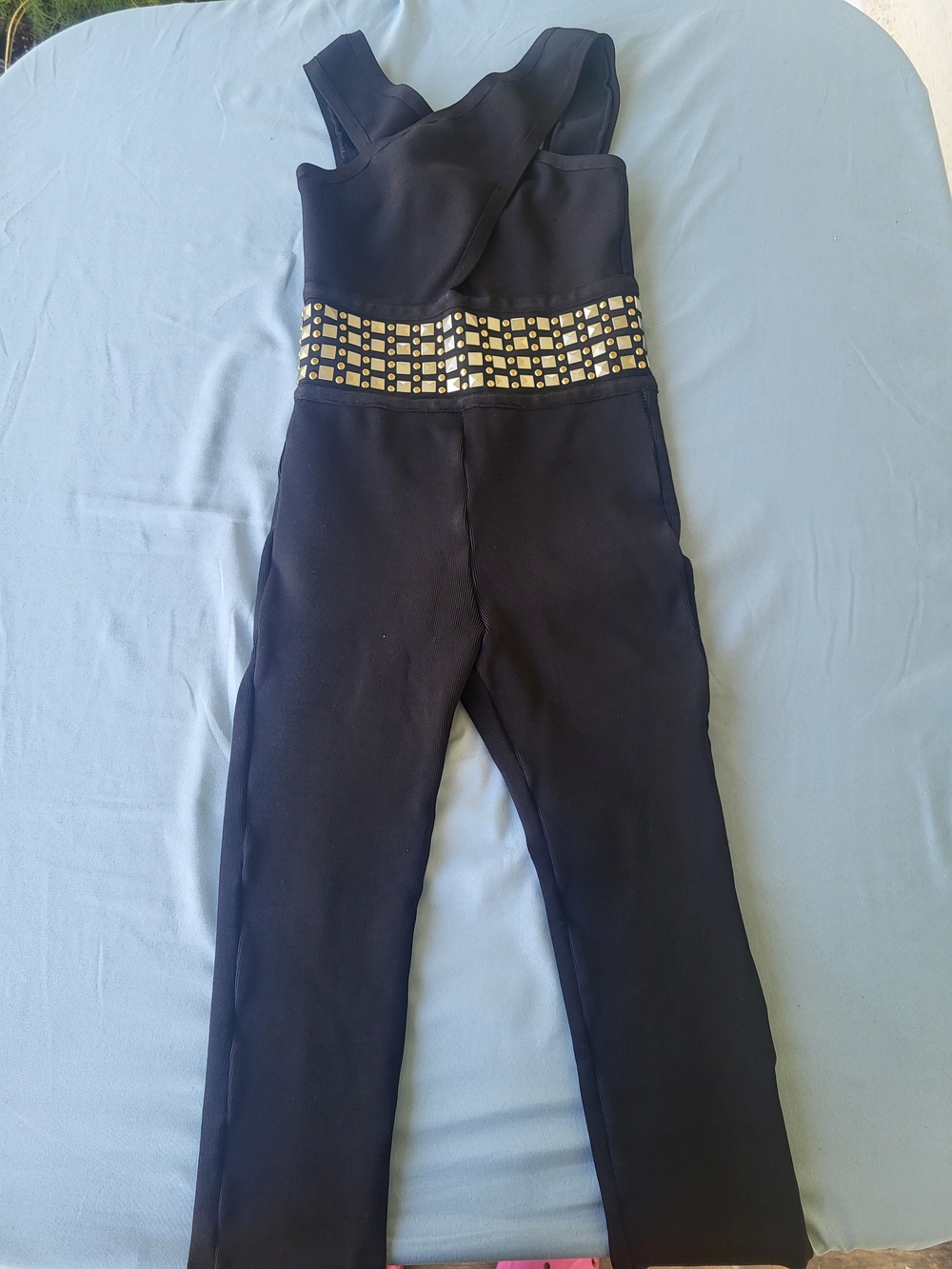 Y2k bebe Black Jumpsuit with Gold Embellished Waist